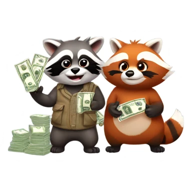 1 male raccoon and 1 female red panda not wearing clothes each holding a bag of cash sticker