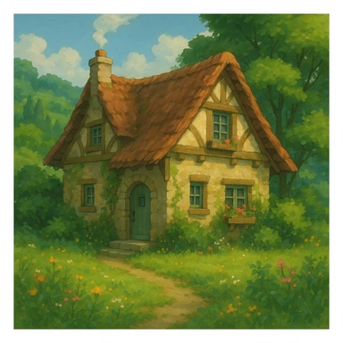cozy cottage in a lush landscape with gentle lighting in ghibli style sticker
