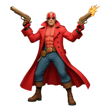 cinematic realistic superhero Hellboy by Mike Mignola jumps and shoots with a bronze pistol sticker