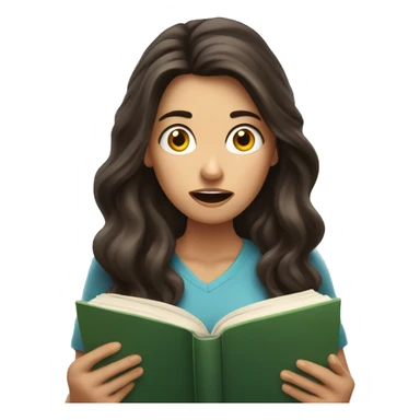 brunette long wavy hair woman shocked face while holding and reading book sticker