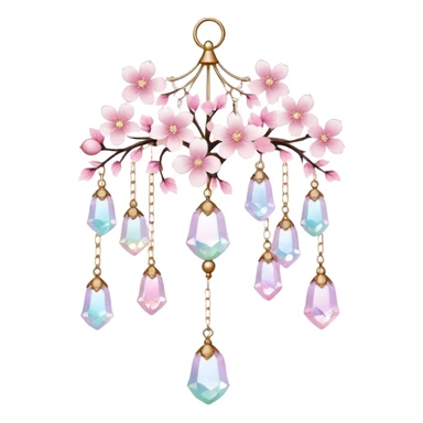 Hanging Iridescent pastel pink sakura crystals white-pearly suncatcher with a tiny bell chandelier sticker