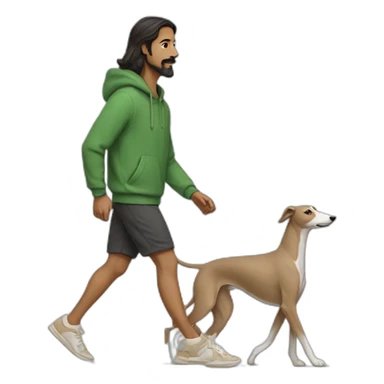 an indian man wearing a green sweatshirt, beige shoes, long hair, no beard, black shorts, walking, side profile,  walking a beige whippet sticker
