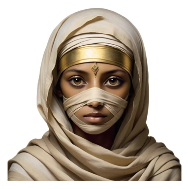 Regal and timeless, fully wrapped in meticulously aged bandages, even its face veiled in layers of ancient cloth with only faint glimpses of deep, solemn eyes peering through, adorned with faded gold accents, exuding an air of forgotten majesty and solemn duty, highly detailed, softly glowing, evoking the dignified mystery of an eternal guardian watching over lost secrets! sticker