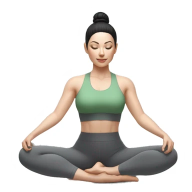 Pale skinned fit woman In a gray tight yoga suit and wristbands With ash black hair in a bun and green eyes doing yoga in a seated position sticker