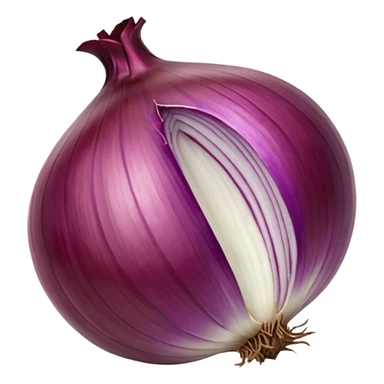 whole red onion, unpeeled, shiny papery purplish-red skin, natural striations, dried stem on top, dry root strands at base, 3D rendered, clean minimal soft shadows, realistic lighting, no anthropomorphic features, emoji scale sticker
