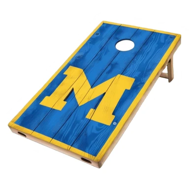 Cornhole board blue and yellow with Michigan “M” sticker