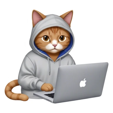 cat wearing a balenciaga hoodie and his working on a MacBook Pro sticker