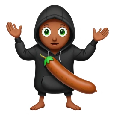 An evil sausage with two green eyes, legs and arms in a black hoodie sticker