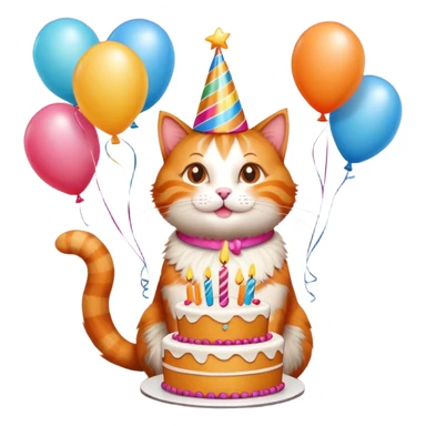 Ginger cat celebrates birthday, birthday hat, birthday cake, balloons, happy, gifts sticker