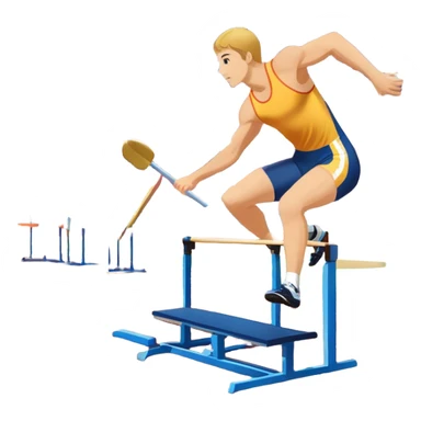 A collage of track and field equipment: a starting block, javelin, hurdle, discus, and high jump bar, symbolizing various disciplines. The background features a vibrant stadium with a running track, field events area, and cheering crowds.  sticker