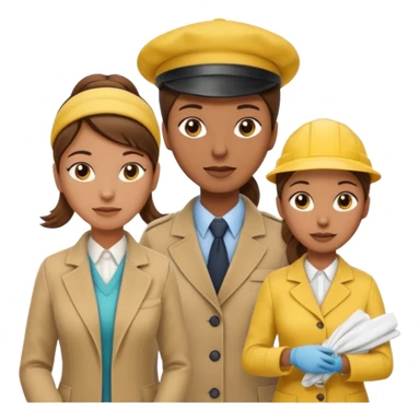 A cleaning Lady with Brown hair, high ponytail and yellow cleaning gloths is Talking to a Detektive (a man) with beige had, a beige coap and he is interviewing the cleaning Lady sticker