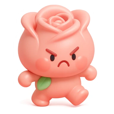 soft pink rose flower with puffed cheeks and an angry pouty face, stomping adorably, pastel tones, chibi round shape, vinyl figure style sticker