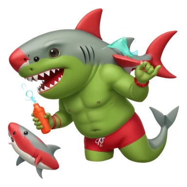 orc male in shark floatie, blowing whistle. Red swim trunks sticker