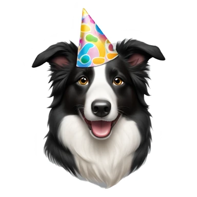 A  happy Australian Border Collie with a half-black, half-white face wearing a Birthday Party Hat.  sticker