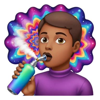 Emoji-style face inhaling from Galaxy Gas nitrous oxide canister, mouth on nozzle, kaleidoscope psychedelic eyes, colorful vapor swirling sticker