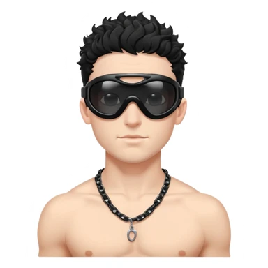 shirtless male athlete with white skin and moderately curly black hair on top with shaved sides, wearing black ski goggles with very dark heavily tinted black lenses that completely hide the eyes, and a simple plain black chain necklace, no earrings sticker