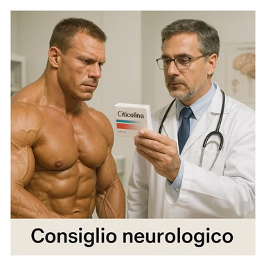 hyper realistic bodybuilder consulting neurologist holding Citicolina, sculpted muscles, doctor in white coat, text 'Consiglio neurologico', clinical atmosphere, light background sticker