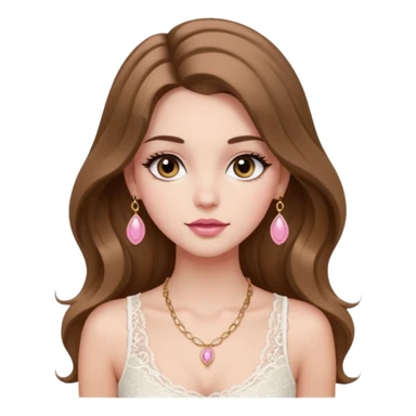 fair-skinned girl with dark brown, slim shaped eyes and long lashes. long, light brown hair styled in a voluminous, wavy blowout. wearing a delicate white lace tank top and a dainty gold necklace, plump pink lips. sticker