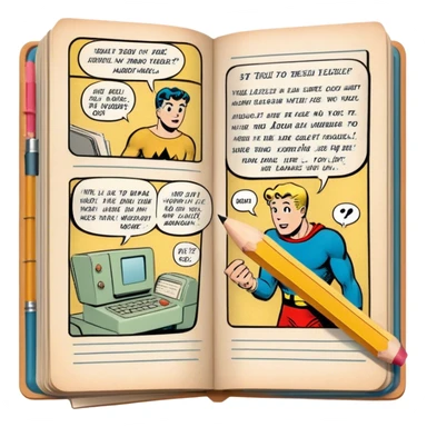 Create a detailed emoji representing the process of writing texts for comic books. The design should feature a large, open comic book with vintage comic strips visible on its pages. A pencil should be shown writing text on one of the comic panels, but without a hand. The pencil should appear as though it is actively creating the dialogue or narration. Use a classic color palette with muted tones for the comic book and brighter accents on the pencil to draw attention to the writing process. Do not include any emojis or smiley faces. Make the background transparent. sticker