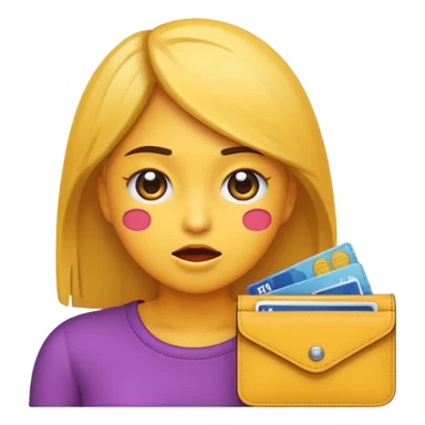 Emoji de chica muy desesperada, llorando, con ojos grandes y lágrimas, sosteniendo una billetera vacía al revés, estilo emoji minimalista, dramatismo exagerado, fondo transparente. sticker