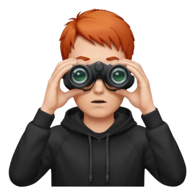 A red-haired, short-haired man without a beard, wearing a black hoodie, looks through binoculars sticker
