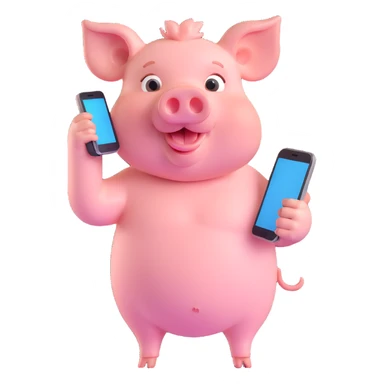 John Pork, pig with a human body, holding a phone, playful expression, 3D emoji style sticker