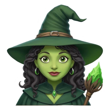elphaba the wicked witch from wicked movie (cynthia erivo) dark long curly hair, thick lips, wide nose, green skins, witch hat, witch broom, evil, wicked musical film, evil smirk sticker