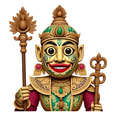 Golek Ayun-ayun – Cinematic Realistic Wayang Golek Ayun-ayun, depicted as an intricately carved traditional wooden puppet with vibrant painted details and expressive features, set on a dimly lit stage with dramatic shadows that evoke centuries of Indonesian theatrical heritage, rendered with lifelike textures and subtle ambient glow. sticker