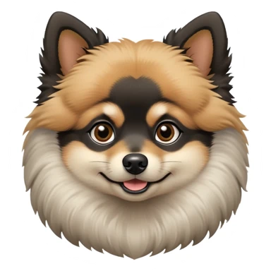 fluffy black and tan Pomeranian dog face, large round dark eyes, small black button nose, soft tan muzzle with subtle smile, two tan eyebrow spots, curious and alert expression, thick fluffy ruff of fur blending black, tan, and light gray, upright triangular ears with gray tips, friendly and cute sticker