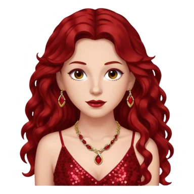 Chappell Roan, Pop Singer (b.1998) with long dark red wavy hair, red sequin dress and necklace sticker