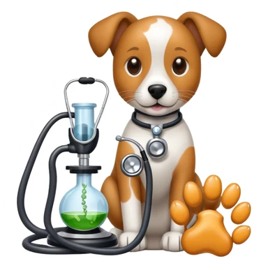 An icon featuring a stethoscope, a microscope, and an animal paw print, symbolizing veterinary science. The design includes a dog and a cat in the background, representing animal health research, diagnostics, and treatments. Transparent background highlights the scientific study of animal care. sticker