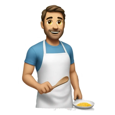 a white brunet man is cooking sticker