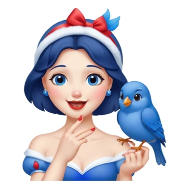 Cinematic Adorable Snow White Portrait Emoji, Giggling as a bluebird perches on her finger, cheeks rosy with joy, bright expressive eyes full of wonder, her innocence and beauty blending into a heartwarming moment! sticker
