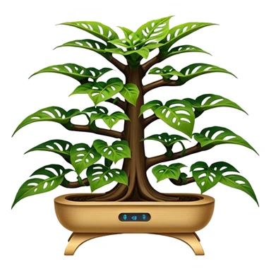 Very Large decorative alien-futuristic multi-tier space-efficient plant rack, which holds bonsai pepper plants, constructed from plywood sticker