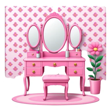 Pink bedroom with a flower wallpaper and a 90s vanity  sticker