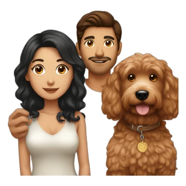 Mexican guy with brown hair and asian girl with long black hair holding red goldendoodle sticker