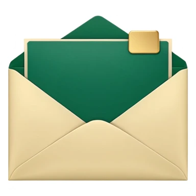 3D minimal open envelope with paper sliding out, matte finish, deep green (#0B3D2C) envelope, cream (#F5F5DC) paper, subtle gold (#C9B037) edge, Apple style, ultra clean, soft shadow, transparent background sticker