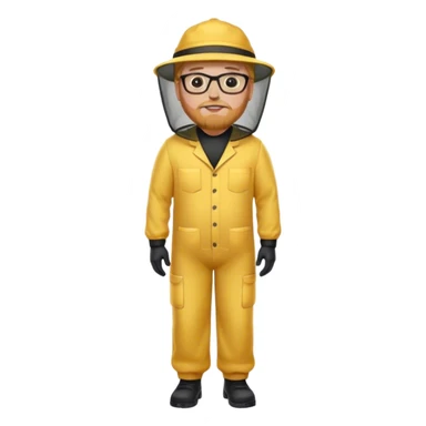 full body medium plus size male bee keeper in yellow and black with short light strawberry blonde hair and goatee wearing glasses with bee keeper hat sticker