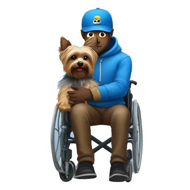 Dark man with blue AF hat on in wheelchair with a Yorkie on his lap sticker