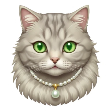 fluffy light grey tabby cat with green eyes, white tummy, and a pearl necklace  sticker