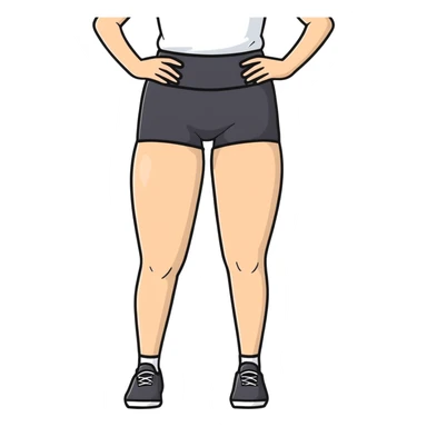 person standing with legs apart, wearing three-point shorts and black pantyhose sticker