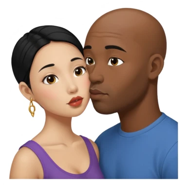 Bald black man with short beard deeply kissing each other. She is a short younger looking asain women. She has long black hair and a nose ring sticker