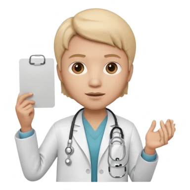 3D memoji doctor holding a small blank white sign in one hand (no text on sign), serious warning facial expression, medical coat, stethoscope, centered composition, PNG, transparent background sticker