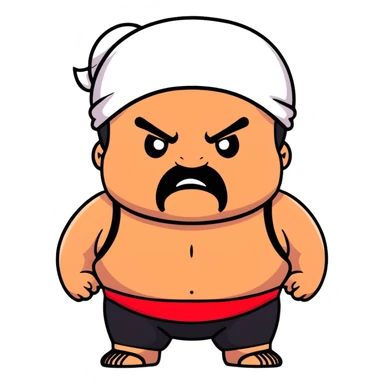 Extreme close-up of face of morbidly obese white skin guy with young face, prominent BLACK DURAG tied clearly on head, black beard but no mustache, clean shaven upper lip, black eyes in a red and black wrestling singlet with angry expression sticker