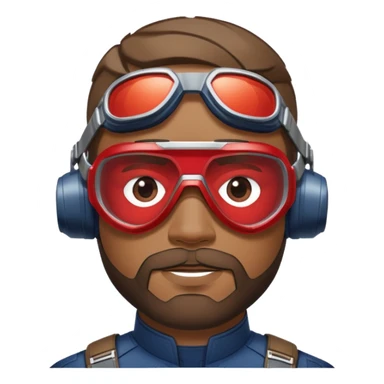 sam wilson with  short, neatly cropped and a well-groomed beard that connects to his mustache,  wear sleek, red-tinted tactical goggles fit snugly from captain america: civil war sticker