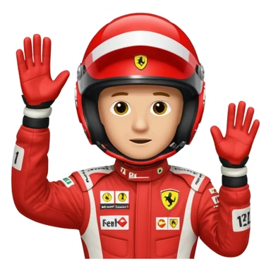 Michael Schumacher in Ferrari F1 2004 suit, waving, holding helmet, red racing suit with white accents, emoji style sticker