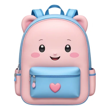 Cute Kawaii Backpack, round and chubby, soft pastel pink and blue, tiny heart-shaped zippers, blushing cheeks, a tiny smiling face, a happy school-time companion! sticker