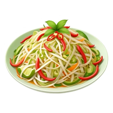Cinematic Realistic Som Tam (Papaya Salad) Dish Emoji, featuring a spicy, tangy salad of shredded green papaya with chili and lime rendered with crisp textures and bright, lively lighting. sticker