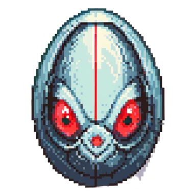 a strange large transparent alien egg, floating inside with a visible creature inside, embryo, embryonic, fetal shape, primordial, early growth, 3 glowing red eyes, illuminated from above, shining glass egg sticker
