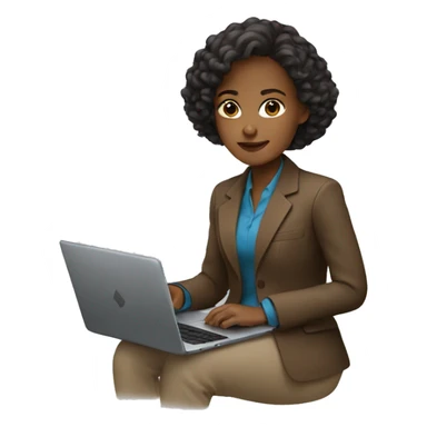 A girl sitting in a brown caro blazer with her HP laptop sticker